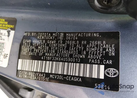 2004 Toyota Camry Xle V6 z USA, uszkodzony, nr VIN 4T1BF32K64U590013
